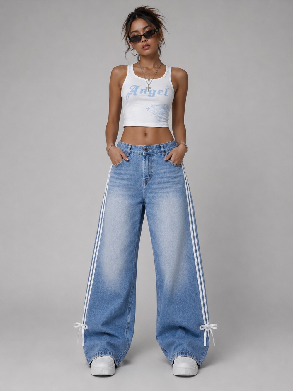 Light Blue Wide-Leg Jeans with White Side Stripes